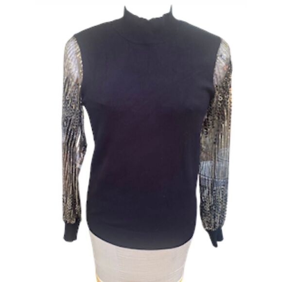 Tahari Sheer Sequin Sleeve Mock Neck Top Sz L Holidays, New Years Eve - Picture 1 of 10